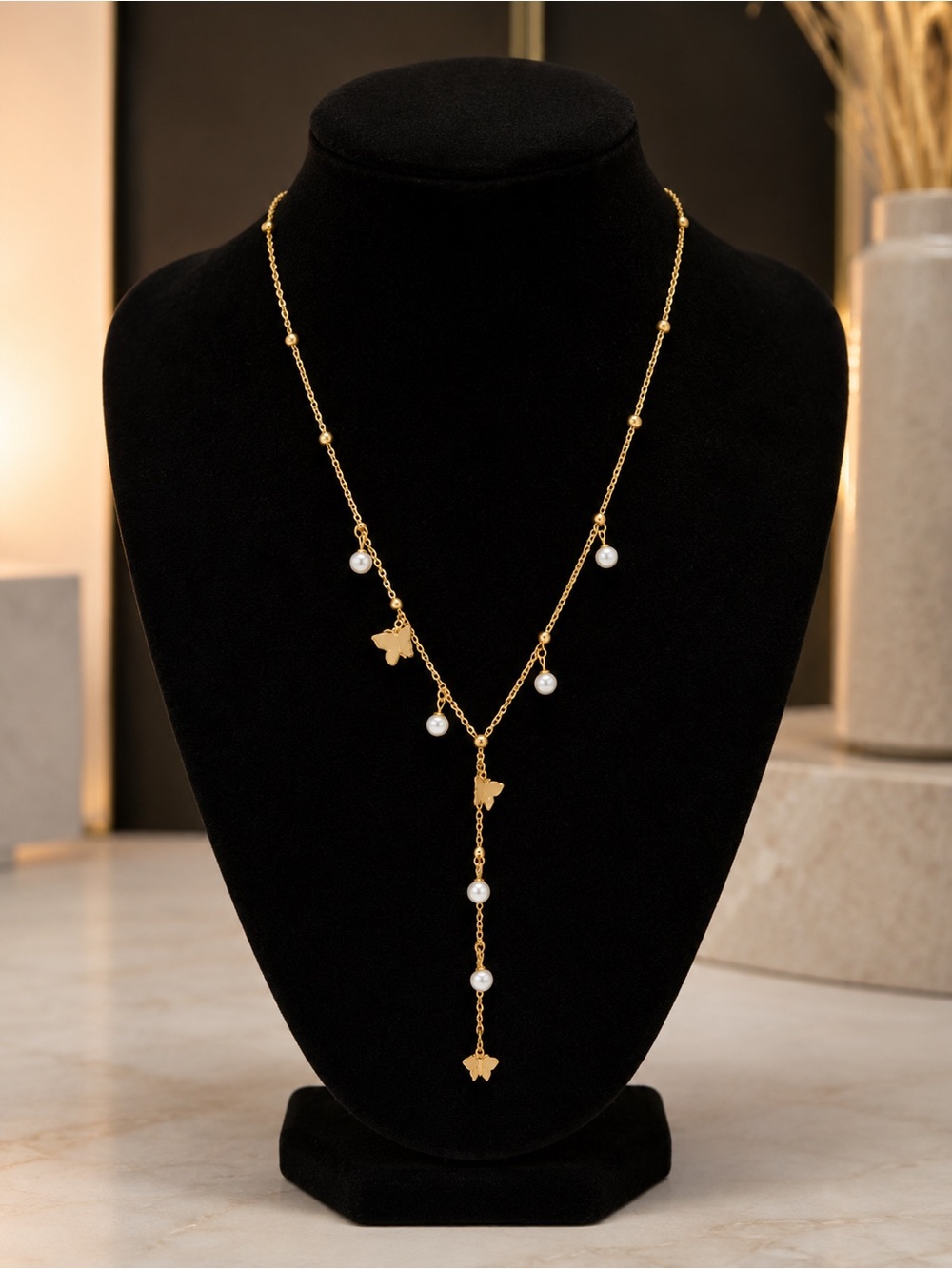 Gold Butterfly Necklace with Pearls - Women Jewelry
